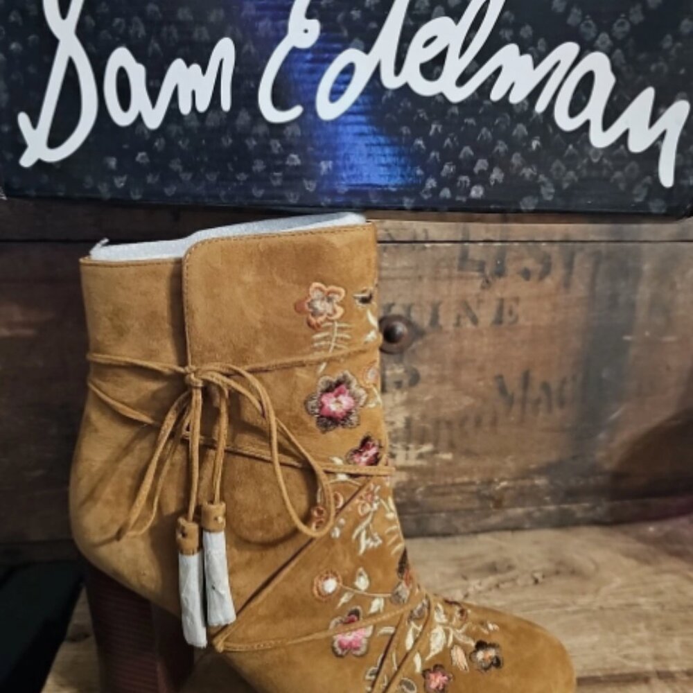 NEW Sam Edelman Size 9 M Whiskey Brown Embroidered Floral Winnie Saddle Boots